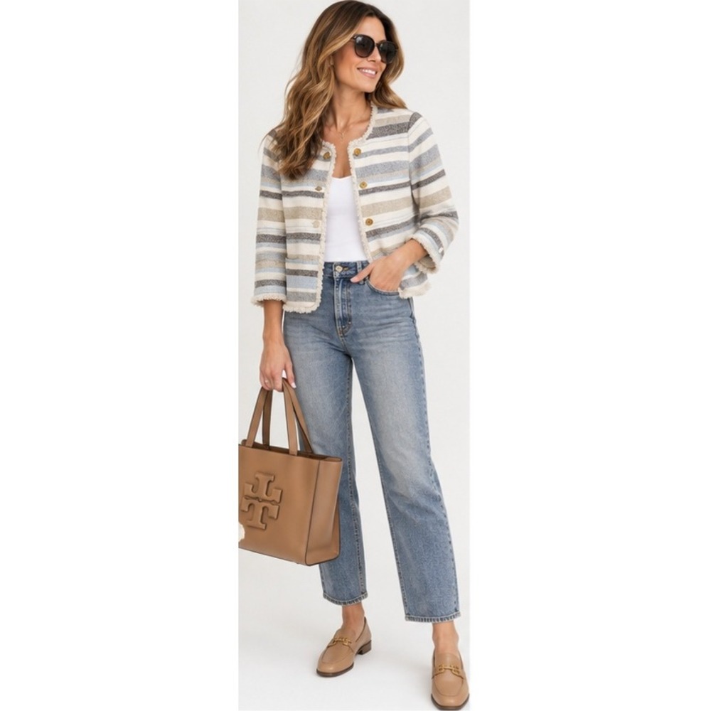 TORY BURCH Emma Striped Tweed Fringe Jacket Size S Style 36608